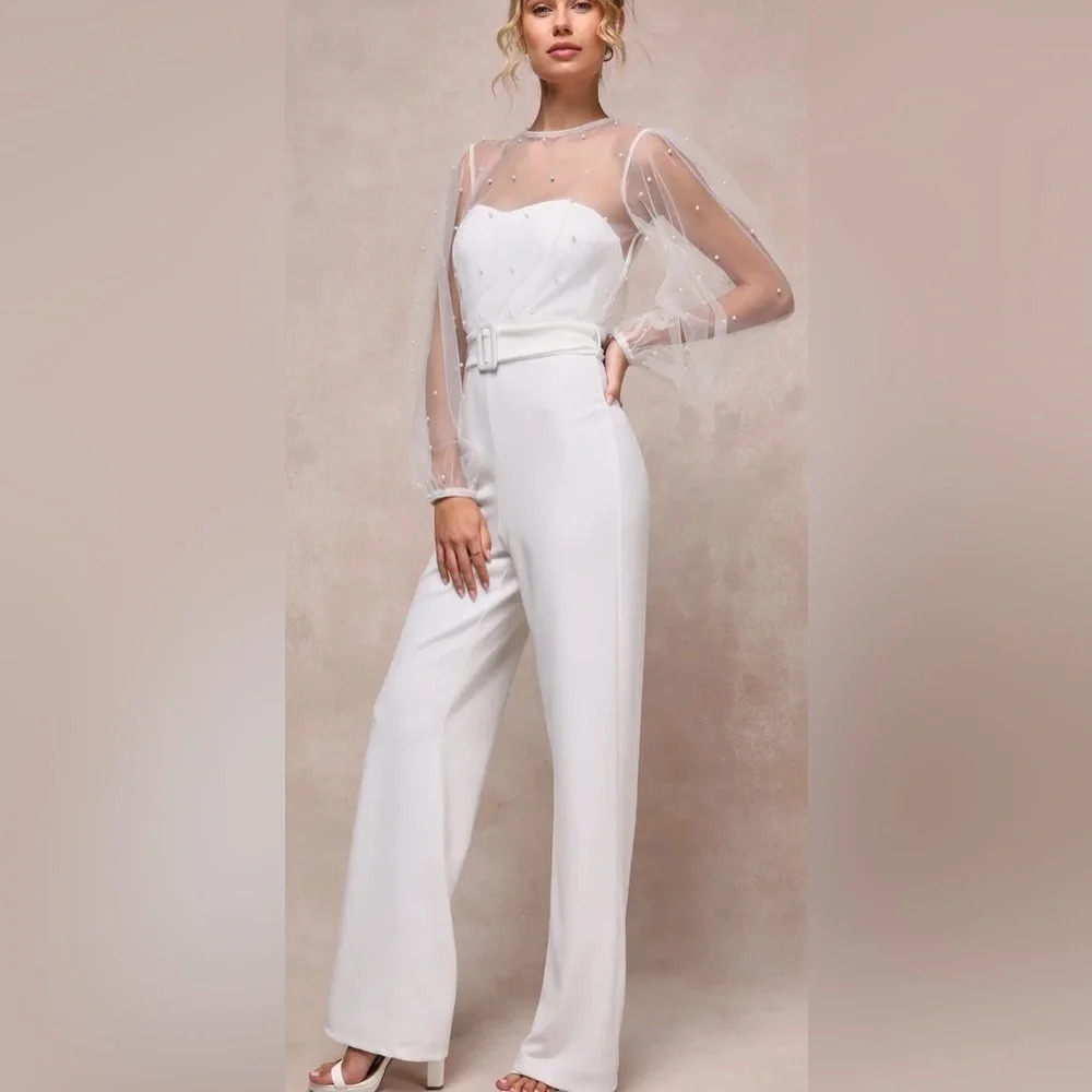 Lulu’sLavish Darling White Mesh Pearl Belted Wide-Leg Jumpsuit #0501